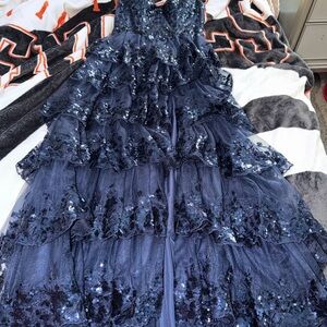 Elegant Navy Sequin Ruffled Prom Dress